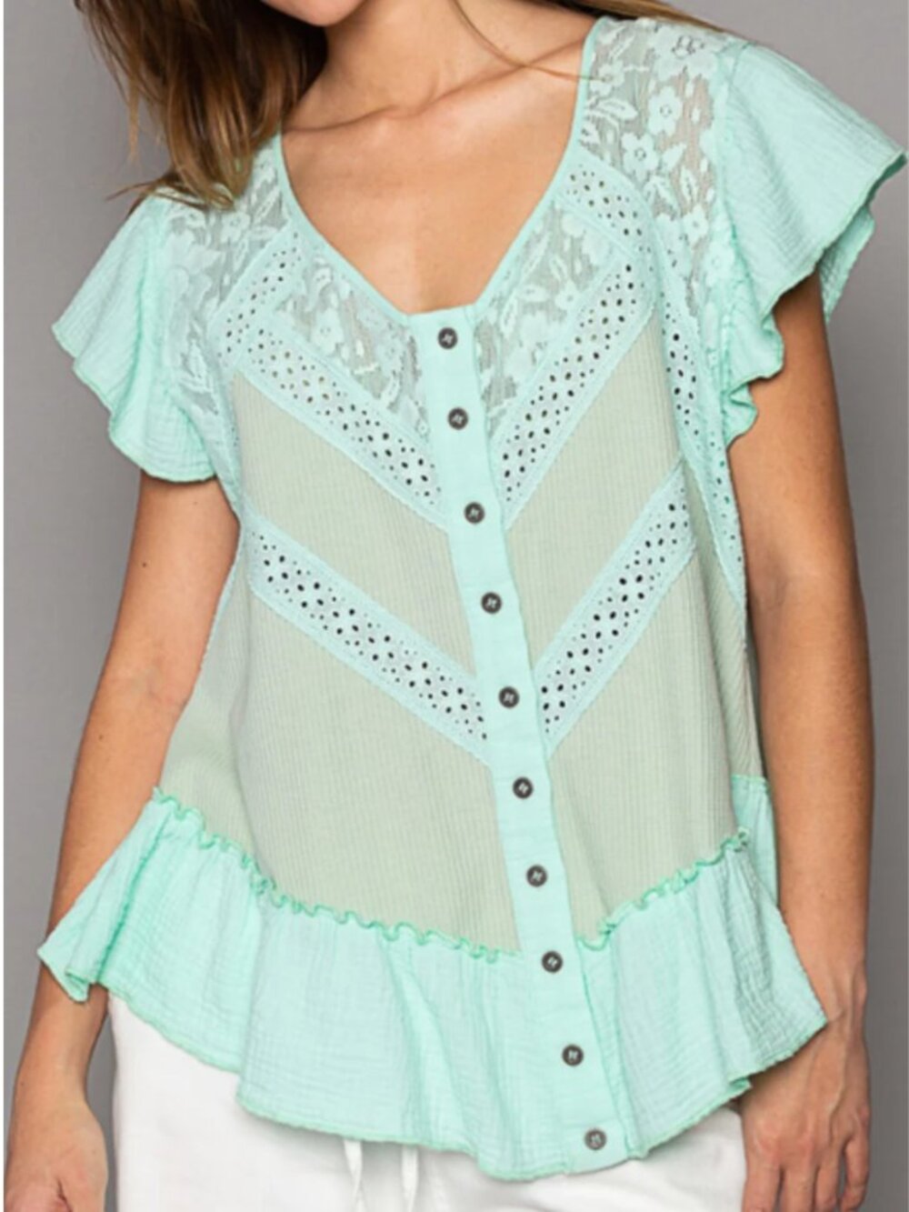 POL Mint Green Lace Ruffle Button Front Boho Cotton Peplum Top Medium